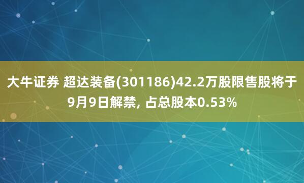 大牛证券 超达装备(301186)42.2万股限售股将于9月9日解禁, 占总股本0.53%
